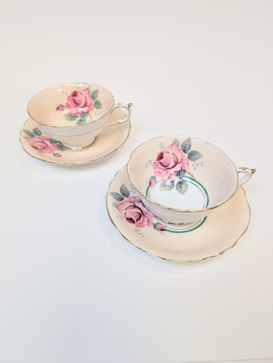 Two Rare Peachy-Pink Double Warrant Pink Cabbage Rose Paragon Tea Cups with Saucers
