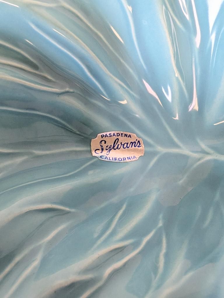 50's California Art Pottery Turquois Divided Leaf Snack Dish with Handle