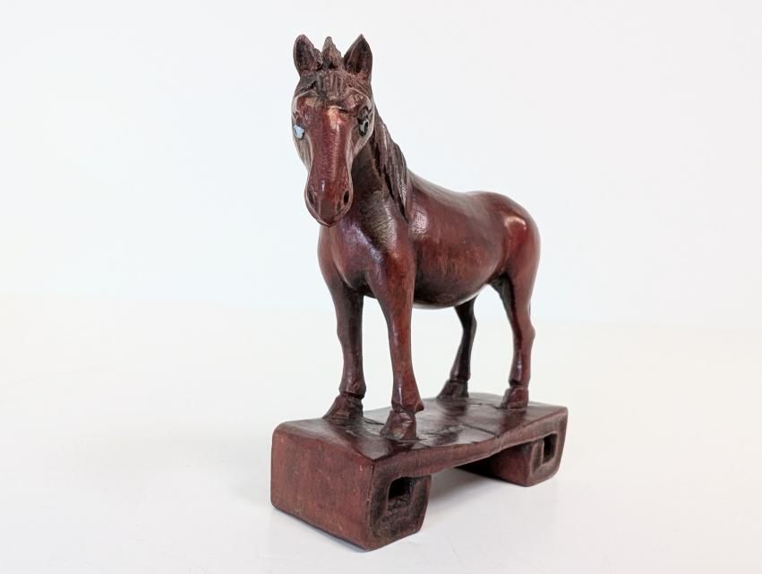 Antique Chinese Pewter Leaf Dish & Carved Wood Horse