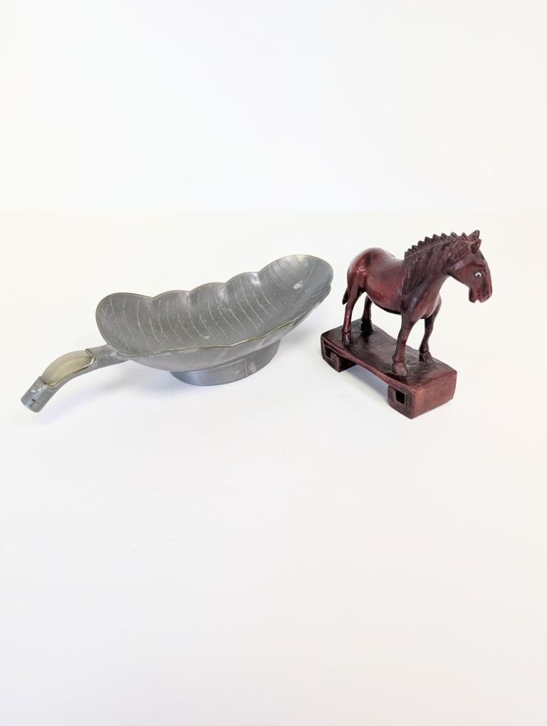 Antique Chinese Pewter Leaf Dish & Carved Wood Horse