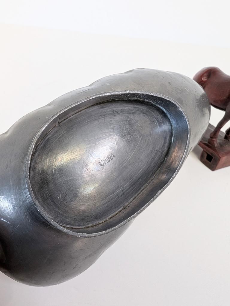 Antique Chinese Pewter Leaf Dish & Carved Wood Horse