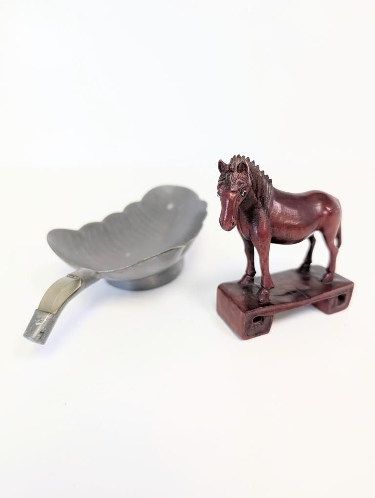 Antique Chinese Pewter Leaf Dish & Carved Wood Horse
