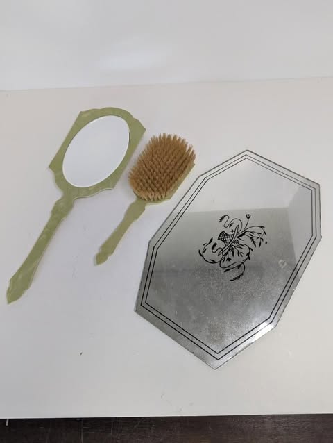 Vintage Beige Vanity Set, Hand Mirror/Brush/Mirrored Tray