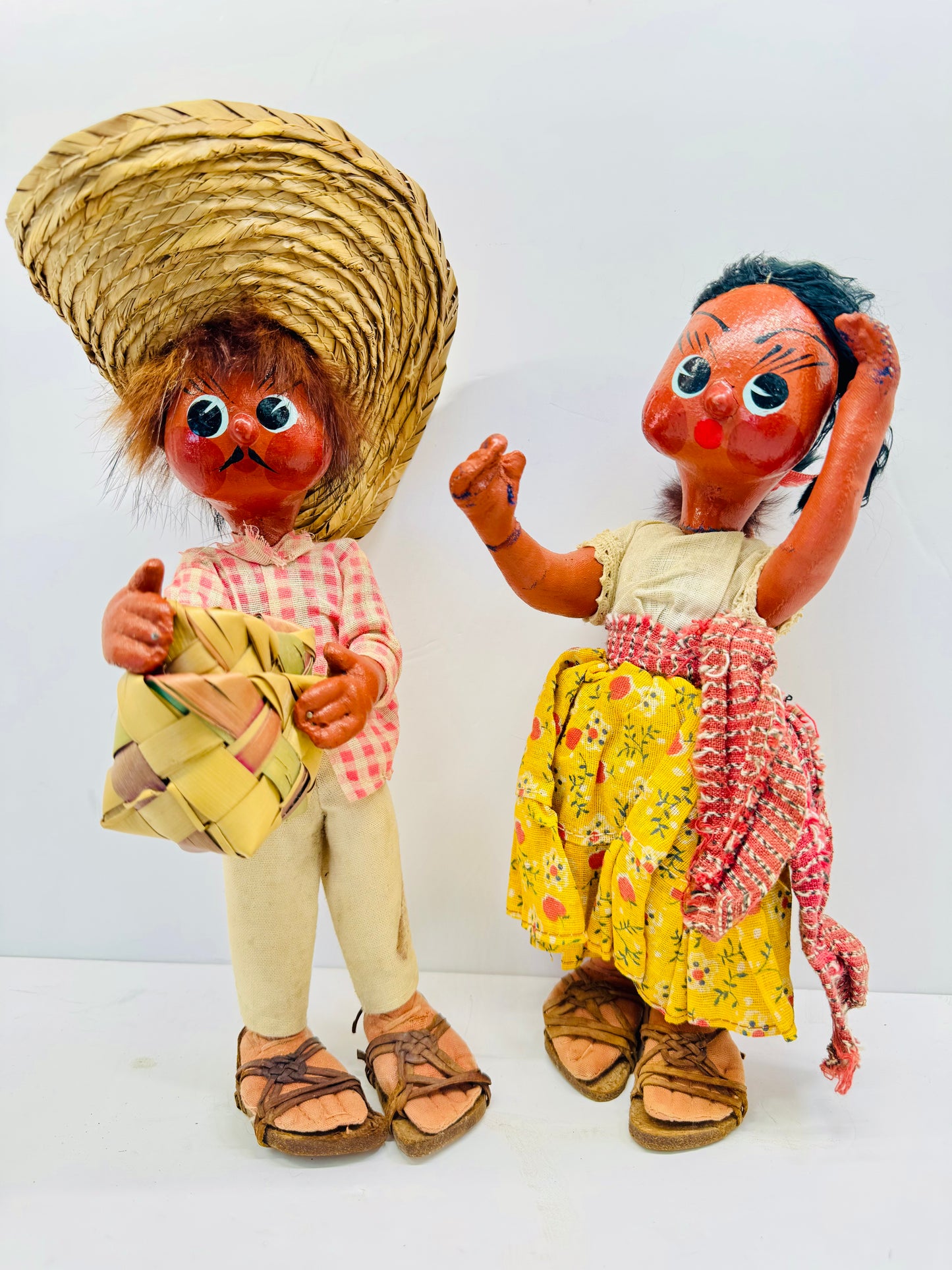 2 Handmade Vintage Mexican Rag Dolls - Cloth Folk Art Woman & Man Figures