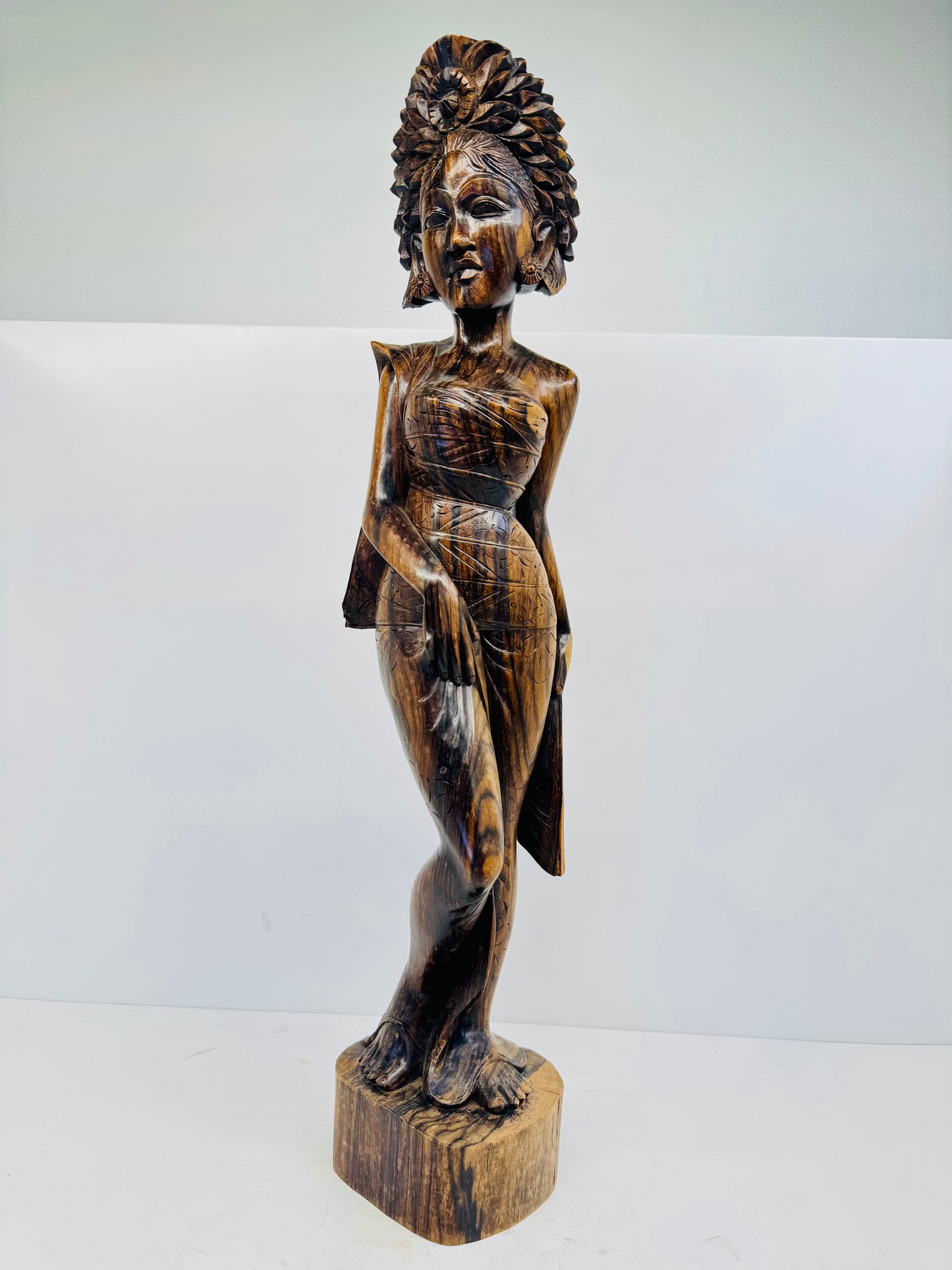 BALI Hand-Carved Wood Sculpture Woman in Traditional Dress