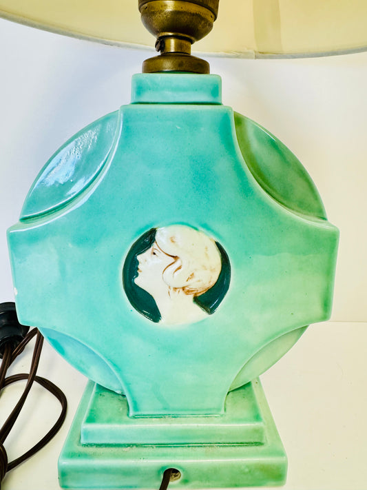 Vintage Art Deco/Victorian-style table lamp with a cameo portrait of a lady.