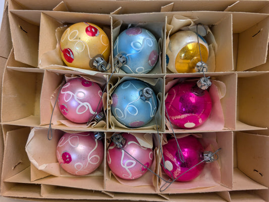 Vintage glass assorted Christmas ornaments with Christmas cards