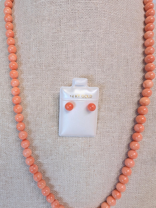 14 k a pink Rose Gold Undyed Coral Necklace and Earrings Set