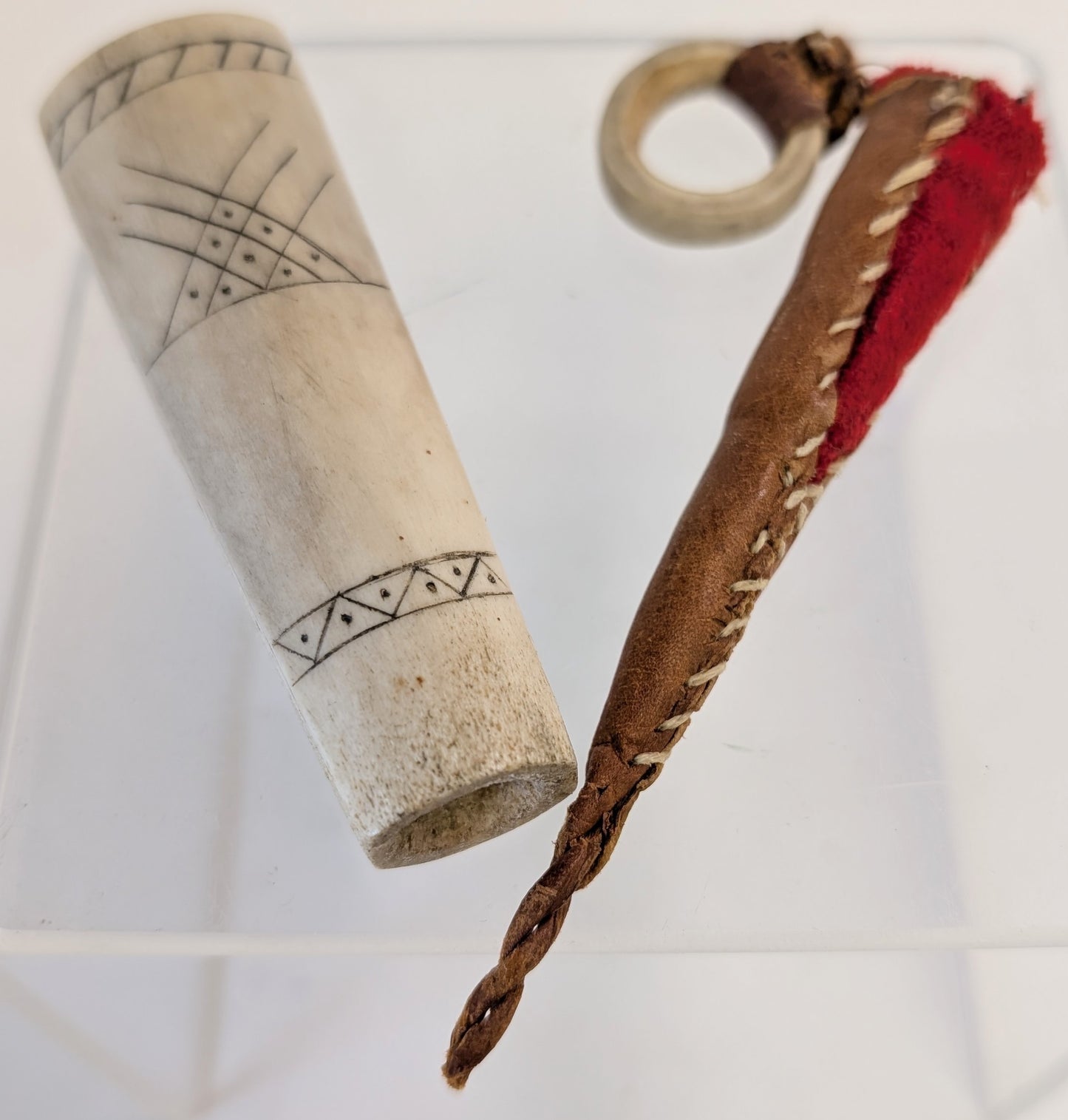 19th century Inuit Ivory pipe, antique antler necklace