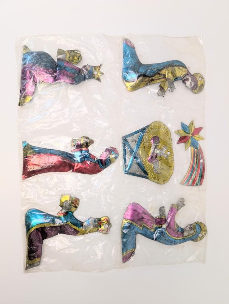 Vintage Mexican Hand-Painted Stamped Tin Folk Art Nativity Ornaments