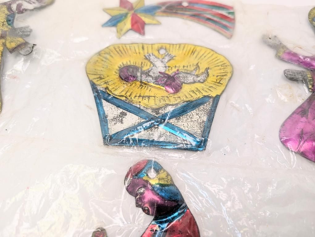 Vintage Mexican Hand-Painted Stamped Tin Folk Art Nativity Ornaments