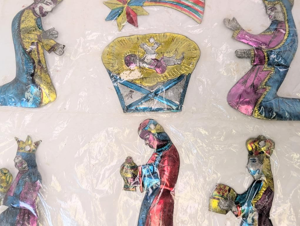 Vintage Mexican Hand-Painted Stamped Tin Folk Art Nativity Ornaments