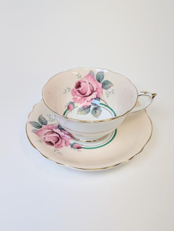 Two Rare Peachy-Pink Double Warrant Pink Cabbage Rose Paragon Tea Cups with Saucers