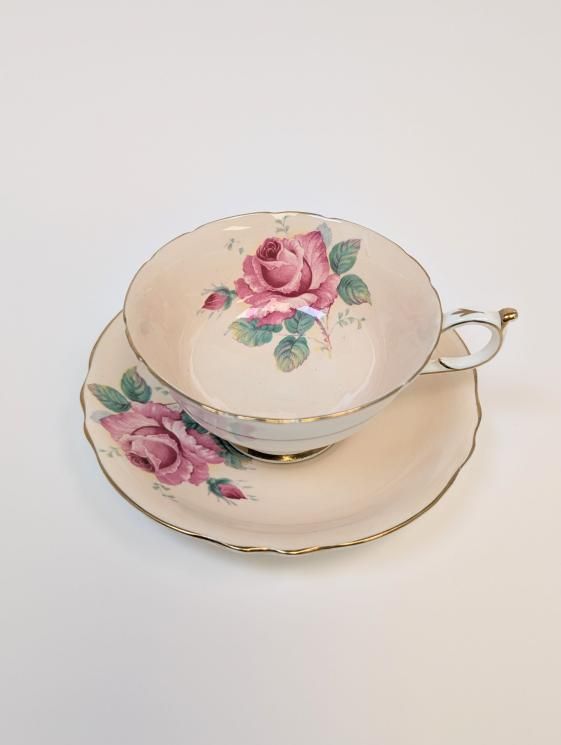 Two Rare Peachy-Pink Double Warrant Pink Cabbage Rose Paragon Tea Cups with Saucers