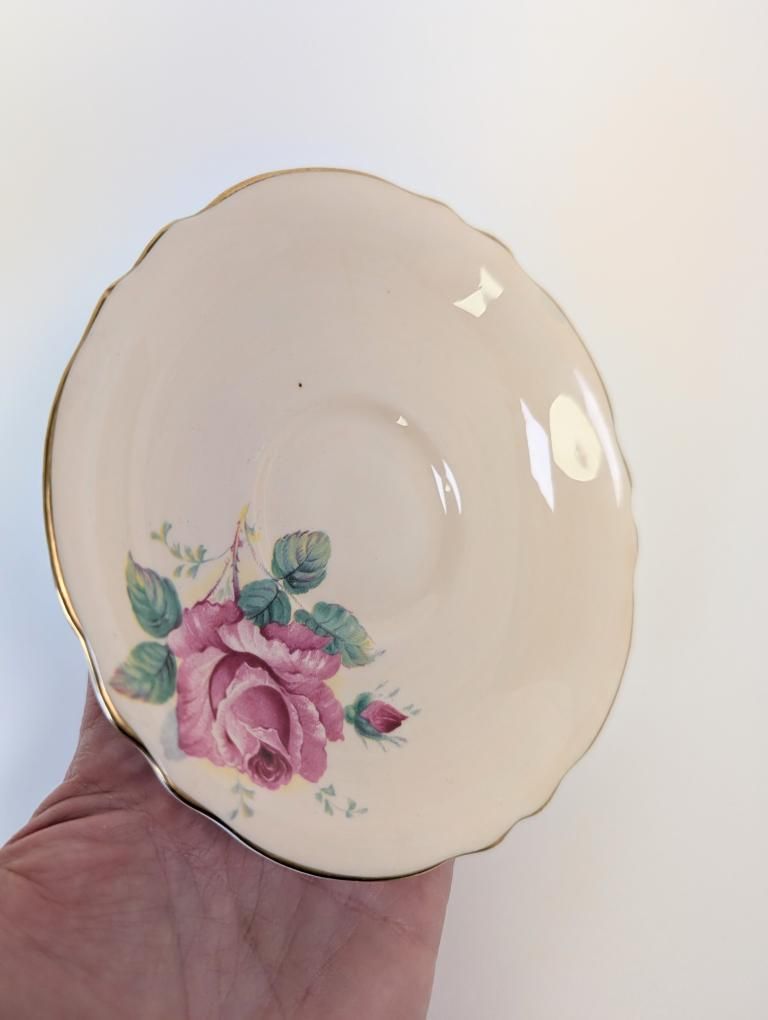 Two Rare Peachy-Pink Double Warrant Pink Cabbage Rose Paragon Tea Cups with Saucers