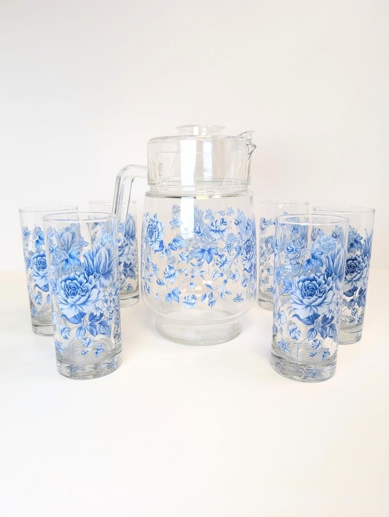 Vintage Blue + White Floral Print Lemonade/Iced Tea Pitcher Set 8 Pcs ...