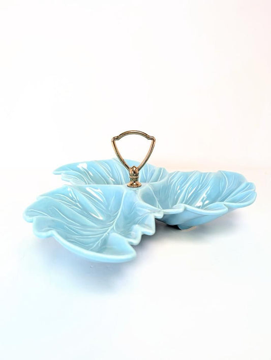 50's California Art Pottery Turquois Divided Leaf Snack Dish with Handle