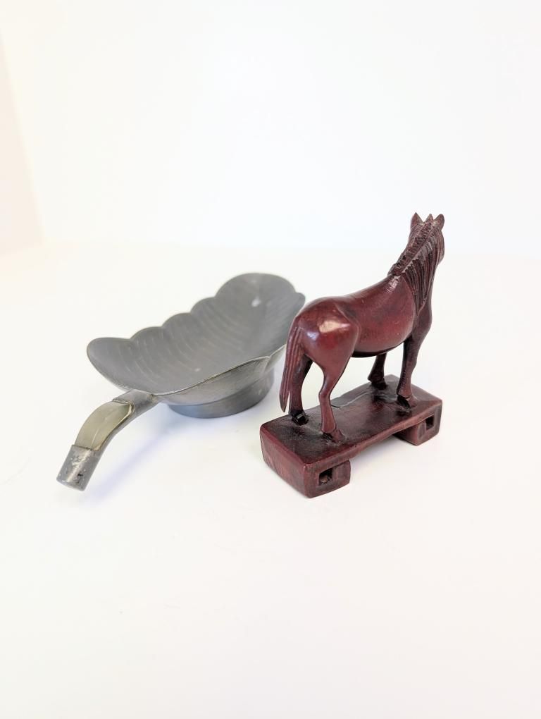 Antique Chinese Pewter Leaf Dish & Carved Wood Horse