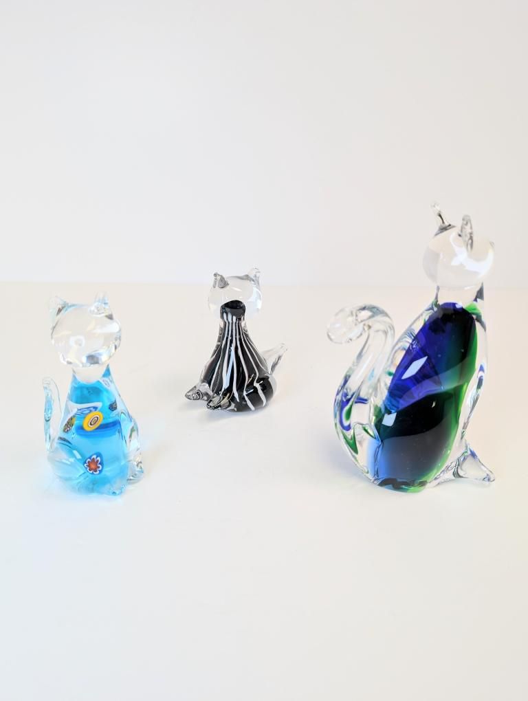 Trio of Blown Glass Cat Paperweight