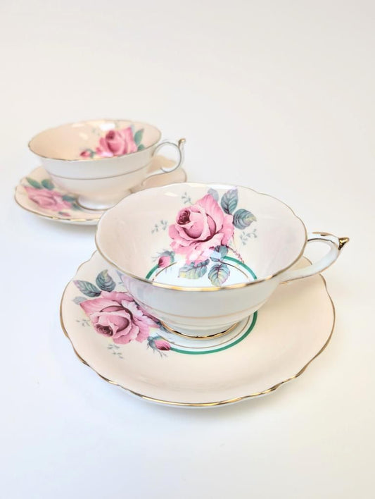 Two Rare Peachy-Pink Double Warrant Pink Cabbage Rose Paragon Tea Cups with Saucers