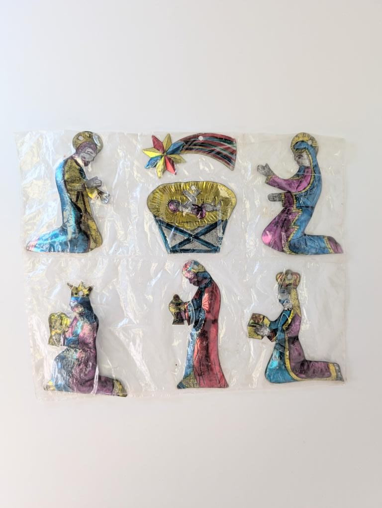 Vintage Mexican Hand-Painted Stamped Tin Folk Art Nativity Ornaments