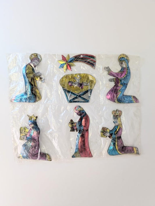 Vintage Mexican Hand-Painted Stamped Tin Folk Art Nativity Ornaments