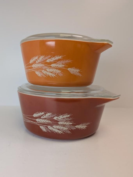 Vintage Pyrex 474-B, 475-B Harvest Wheat Casserole Set with Lids