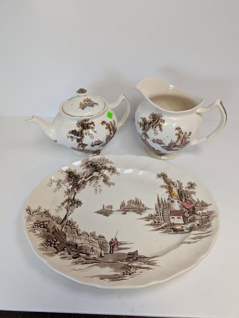 Vintage Johnson Brothers "The Old Mill" Tea Pot, Pitcher, Platter