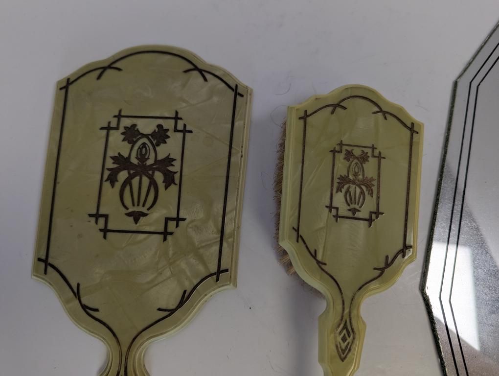 Vintage Beige Vanity Set, Hand Mirror/Brush/Mirrored Tray