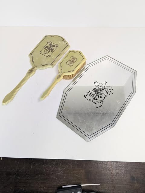 Vintage Beige Vanity Set, Hand Mirror/Brush/Mirrored Tray
