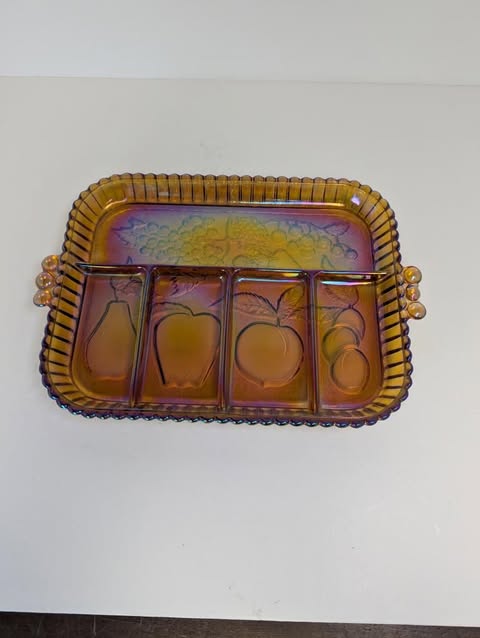 Indiana Glass Vintage Iridescent Carnival Amber Divided Relish Fruit Tray
