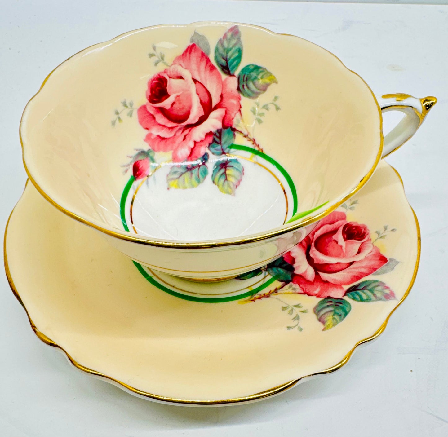 Vintage Paragon China Double Warrant Tea Cup & Saucer Set Pink Cabbage Rose