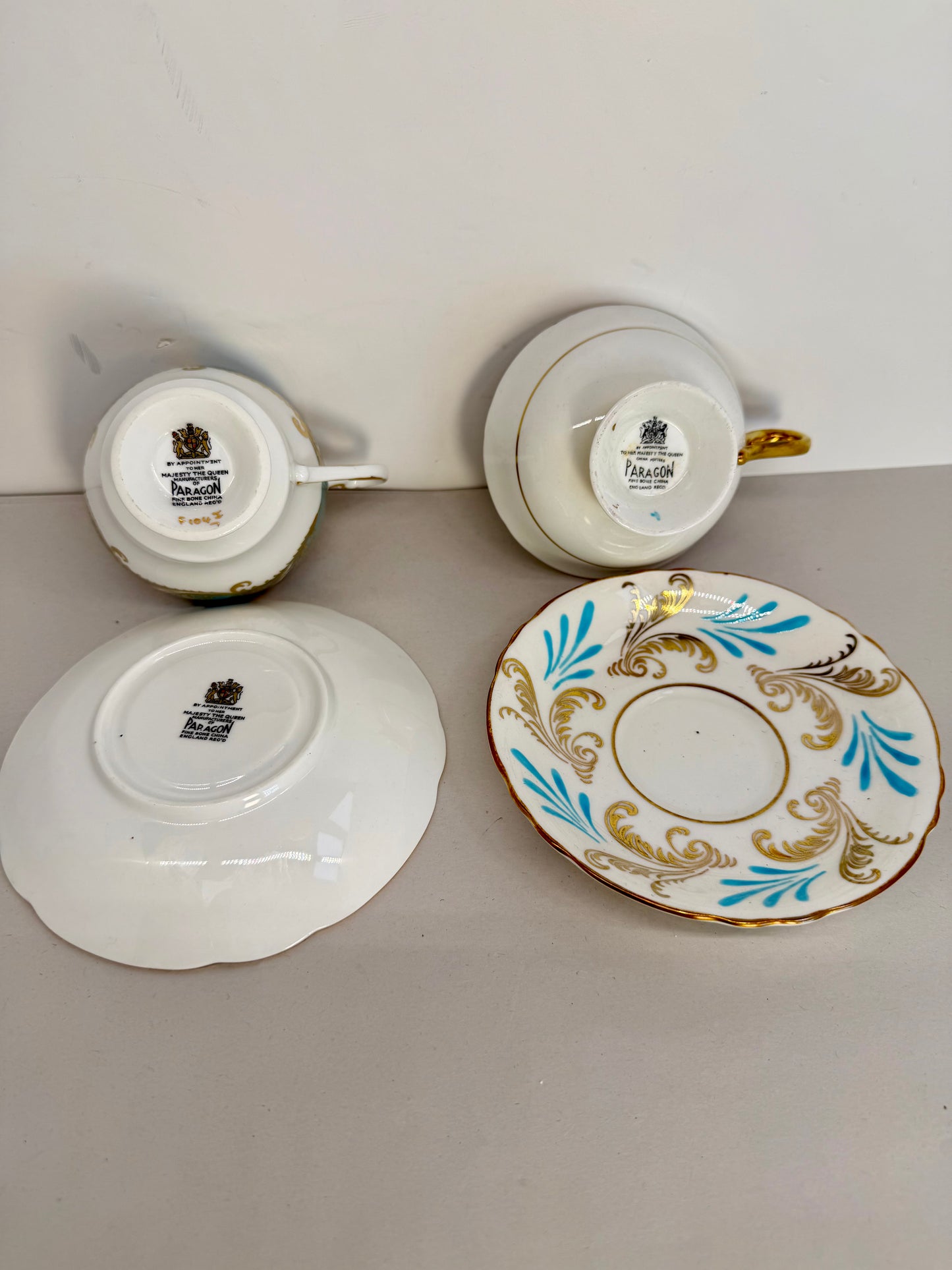 PARAGON Fine Bone China Cups & Saucers Sky Blue Gold Scrolls Perfect condition