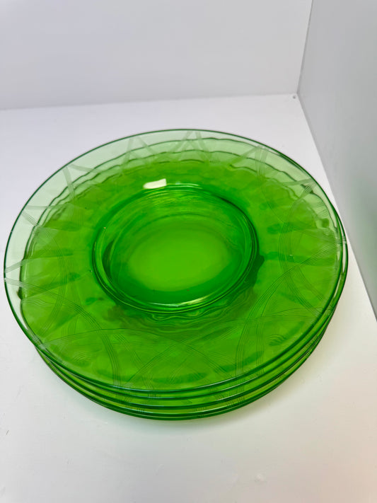 Royal Fan Set of 5 Green Uranium Glass Plates