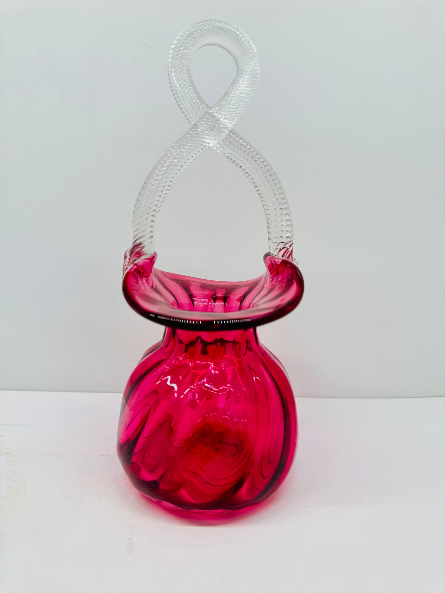 Victorian Cranberry Blown Glass Basket with Clear Braided and Twisted Applied Handle