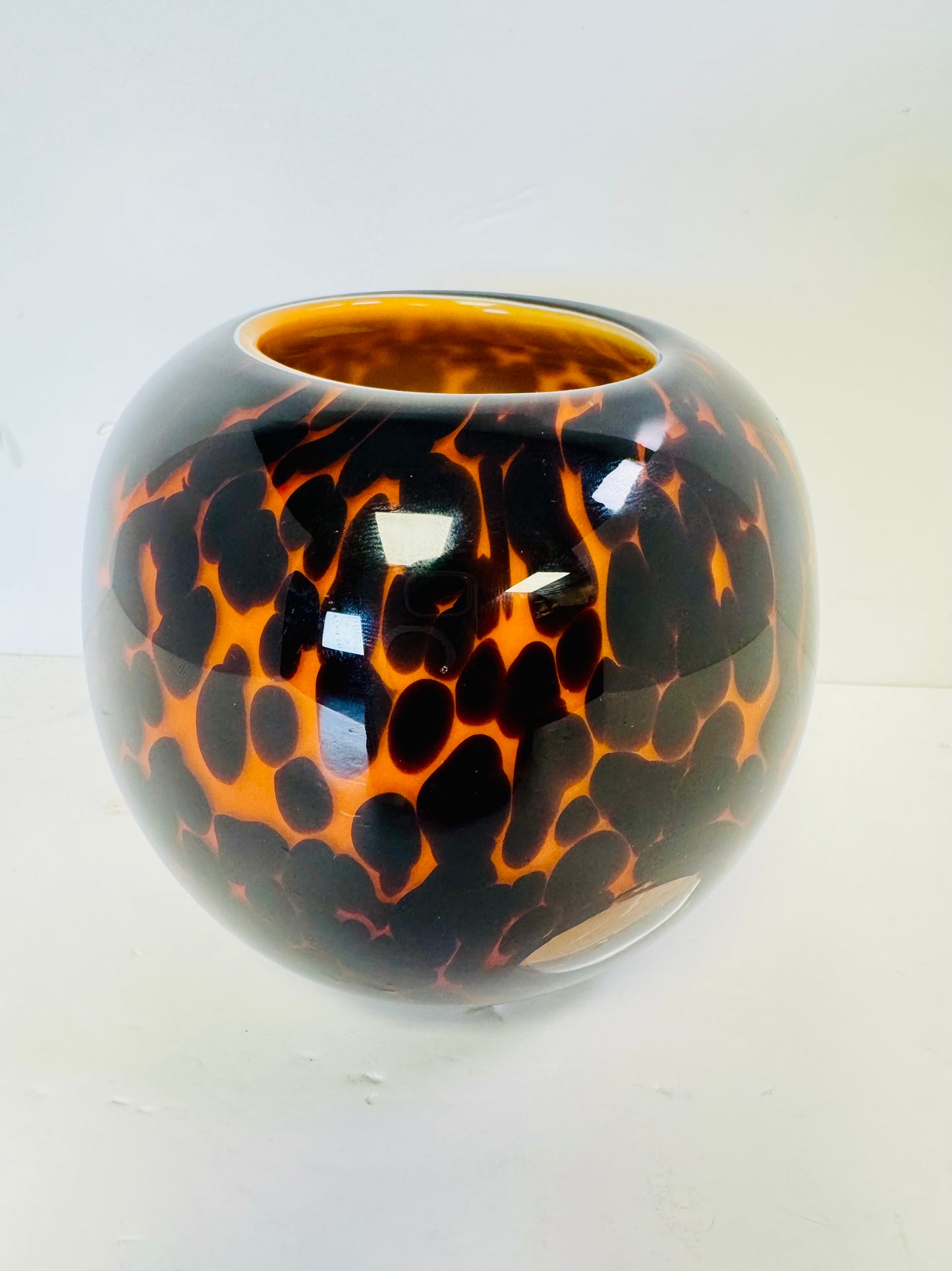 Vintage Art Glass MCM Hand Blown Leopard Print Bowl Vase