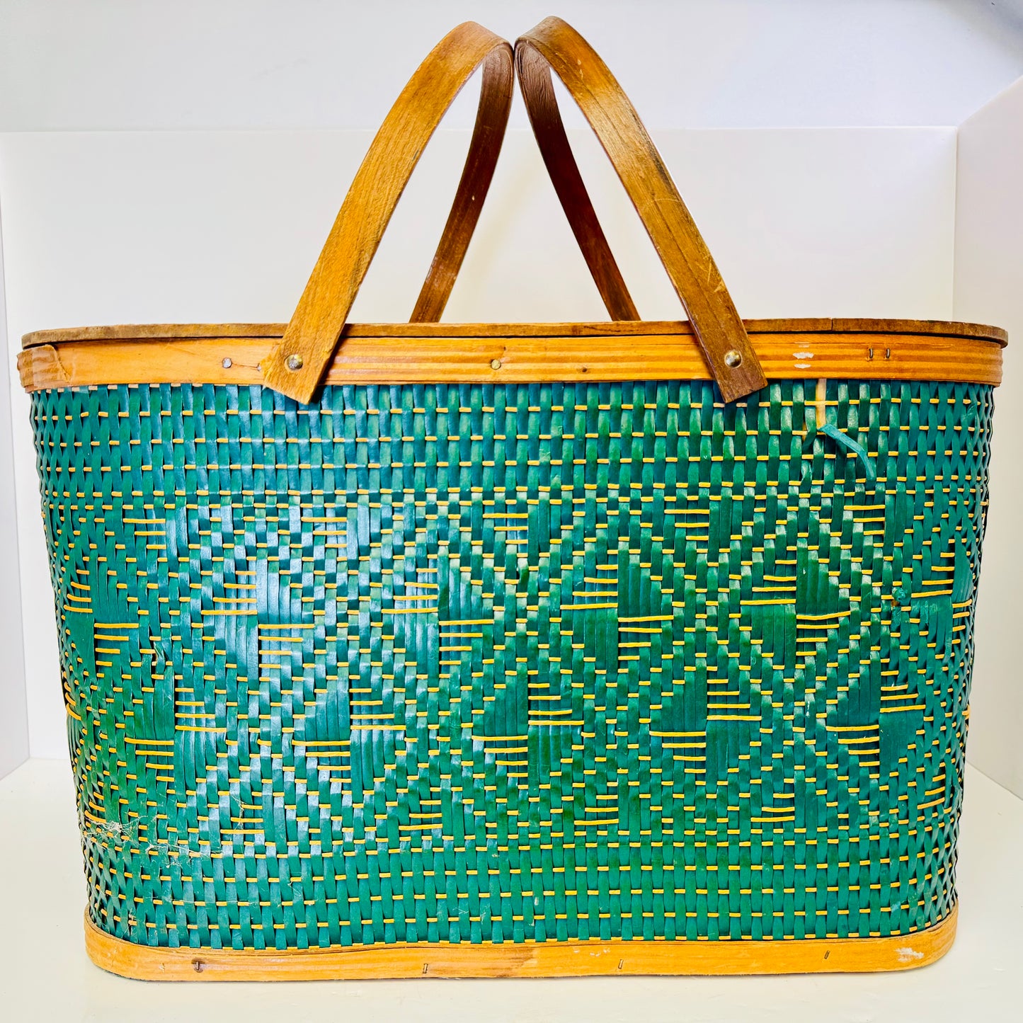 Vintage Hawkeye Picnic Basket & Bark Cloth