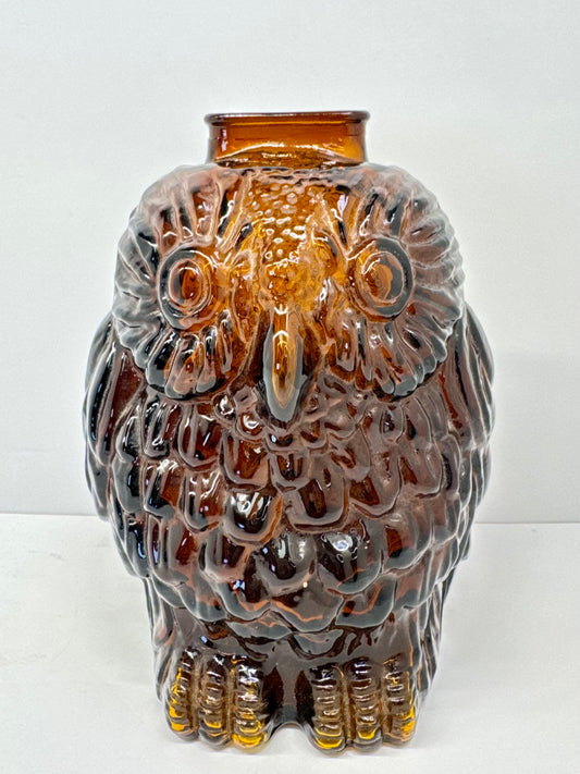 1950 Vintage Libbey of Canada Amber Glass Wise Old Wise Owl Coin Bank Vase