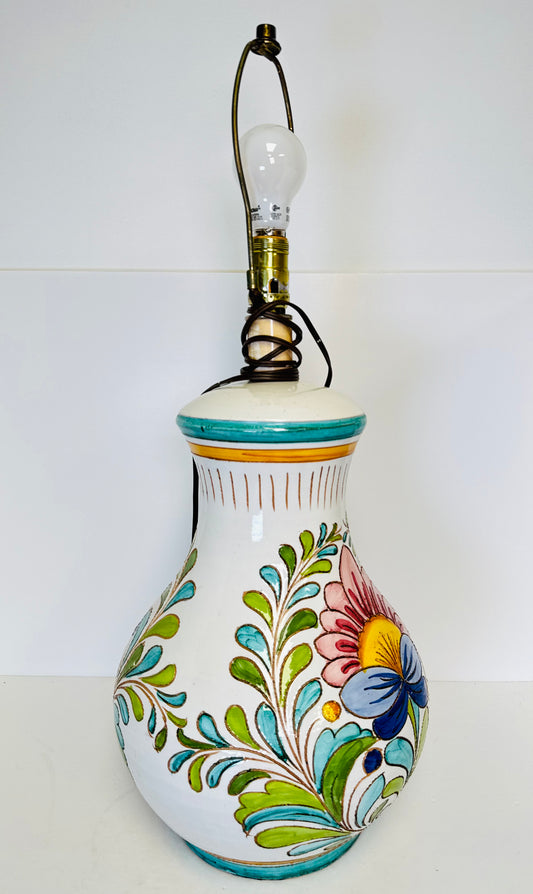 Vintage Hand Painted Floral Pottery Terra Cotta Table Lamp Boho Home Decor