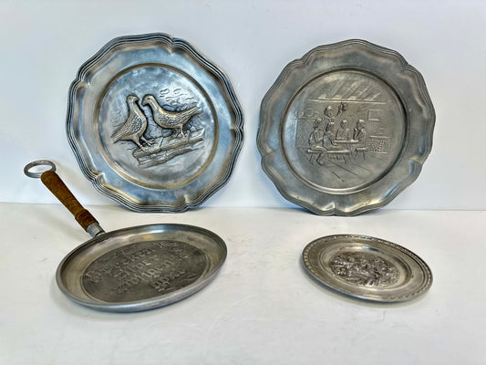 Vintage Dutch Pewter Wall Plates & Pan – Ornate Decorative Collection (Set of 4)