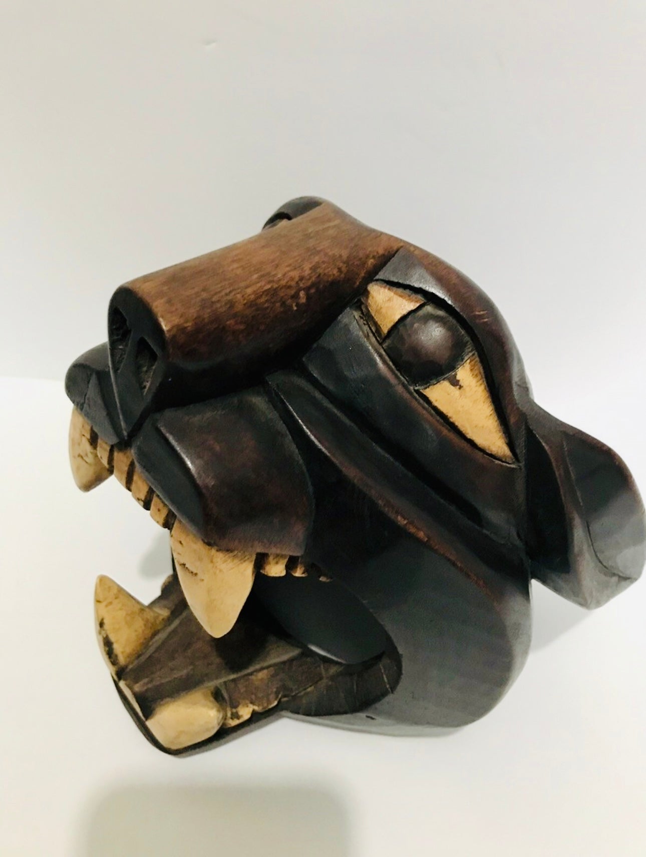 Hand Carved Wood Jaguar Head Sculpture