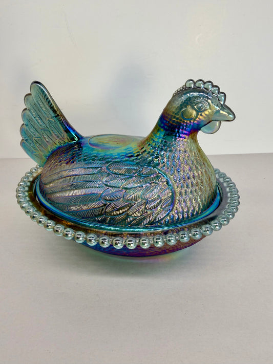 Blue Iridescent Glass Hen on Nest