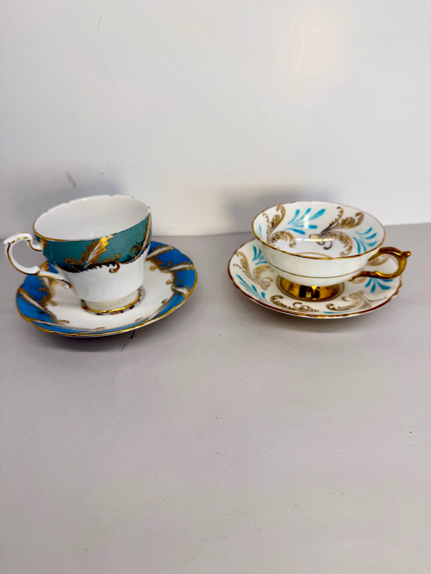 PARAGON Fine Bone China Cups & Saucers Sky Blue Gold Scrolls Perfect condition