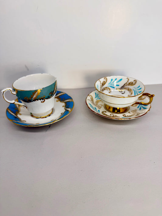 PARAGON Fine Bone China Cups & Saucers Sky Blue Gold Scrolls Perfect condition