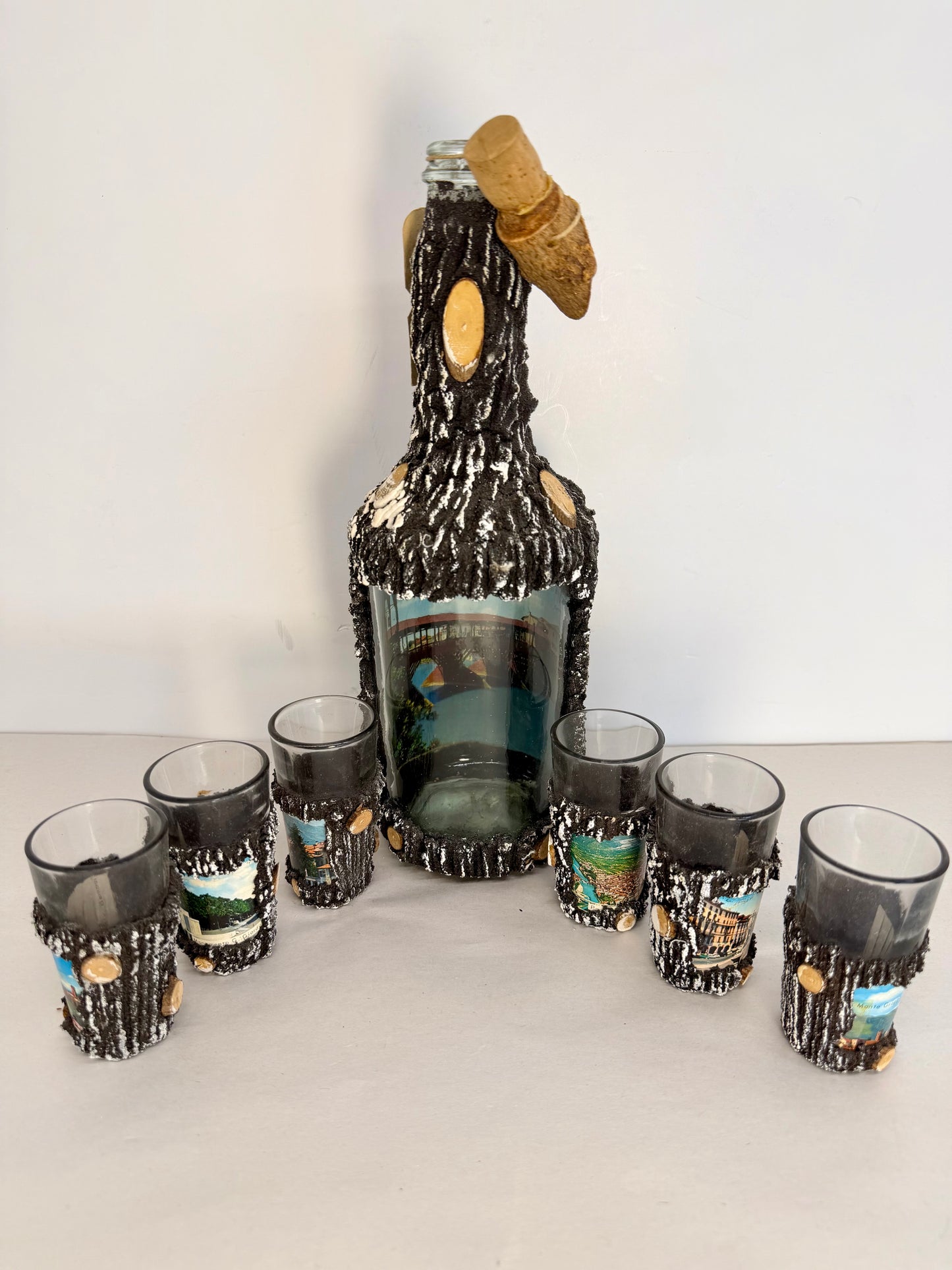 Tree Bark Decanter and 6 Glasses