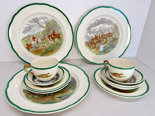 Spode Herrings Hunt 2 tea cups and saucers, 4 small bowls, bread butter plates, plate med, 2 dinner plates