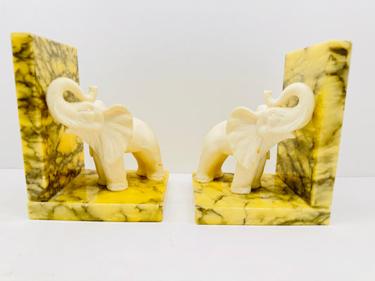 Vintage hand carved alabaster elephant book ends trunk up for good luck from Italy