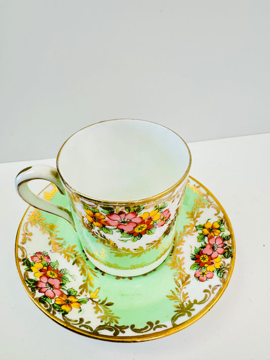 Royal Stafford Green and White Tea Cup and Saucer, Bone China, Made in England