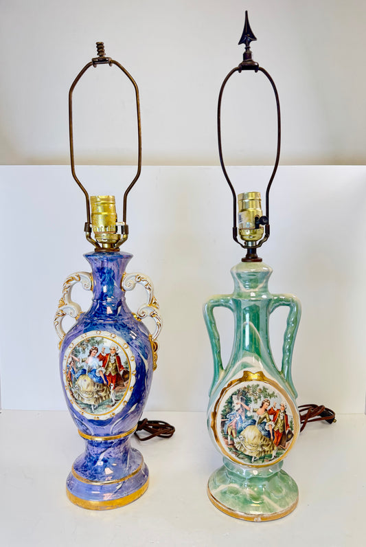 Pair Of Vintage Turquoise George And Martha Washington Leviton Boudoir Lamps
