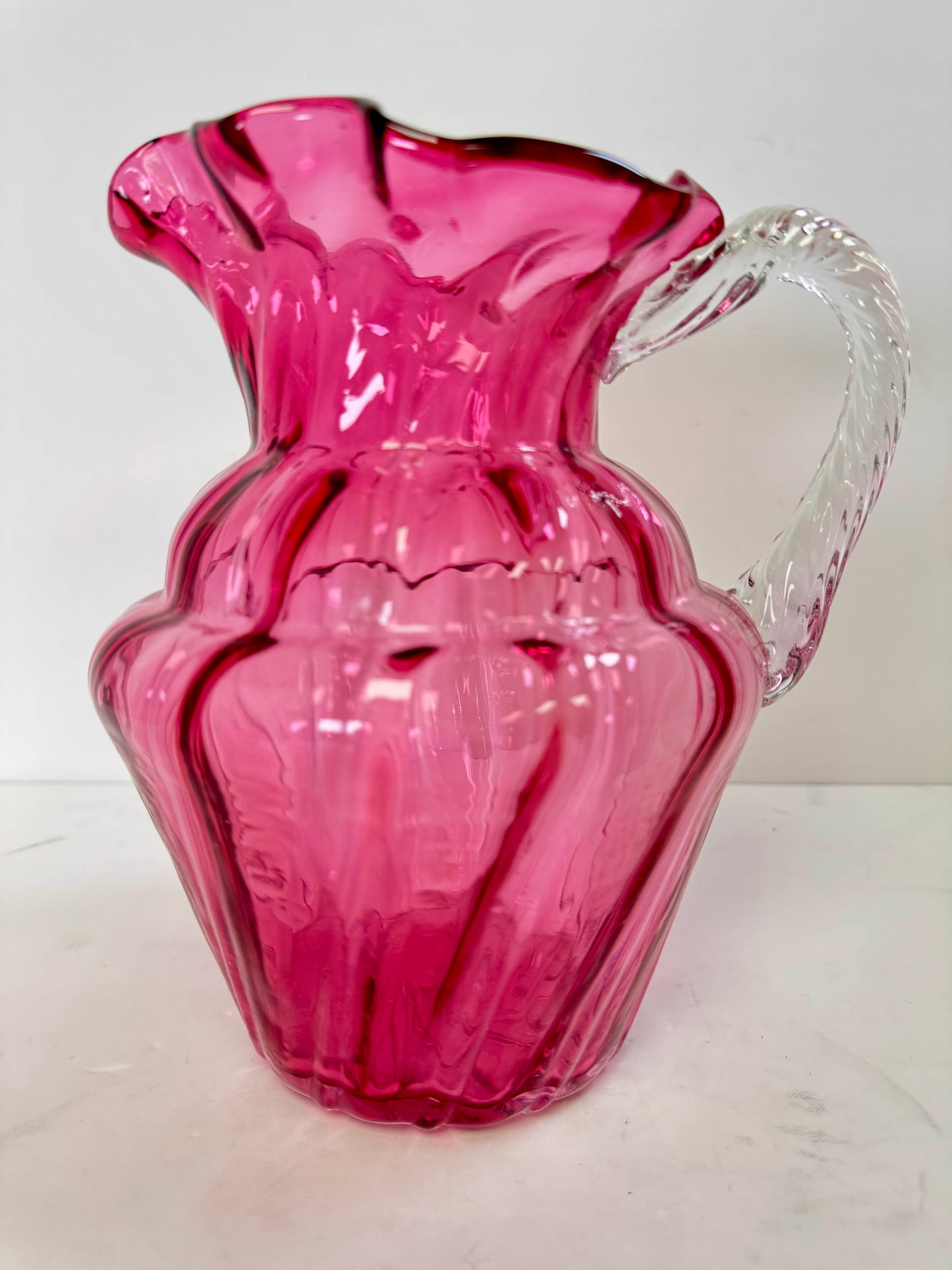 Hand Blown Cranberry Swirl Glass Pitcher - Twisted Handle, 8"